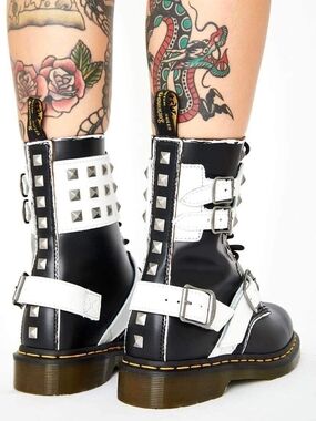 Dr. Martens Black and White Studded Buckle Combat Boots